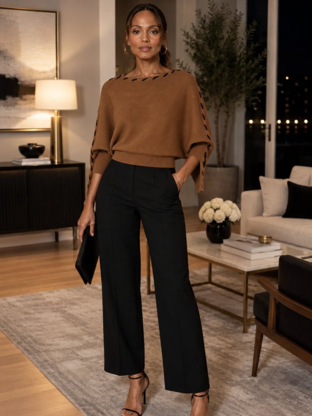 M Magaschoni Toffee Brown Ribbed Dolman Sweater XS Black Whipstitch